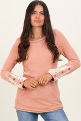 Peach Textured Rib Crochet Lace Detail Long Sleeve Top