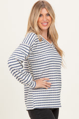 Cream/Navy Long Puff Sleeve V-Neck Striped Top