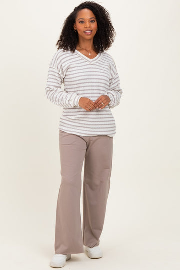 Cream/Taupe Long Puff Sleeve V-Neck Striped Top