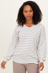 Cream/Taupe Long Puff Sleeve V-Neck Striped Top