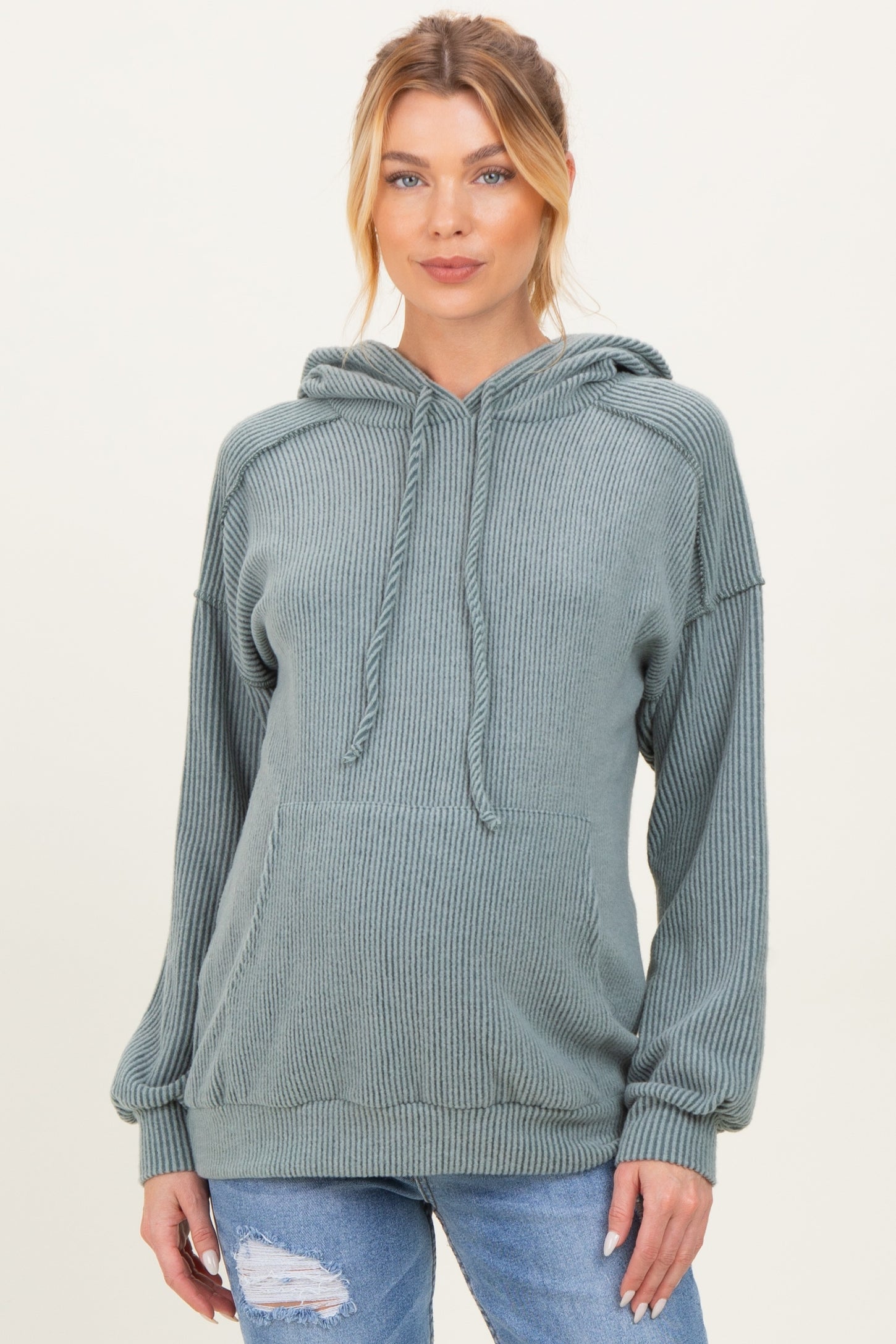 Olive Long Sleeve Brushed Urban Rib Maternity Hoodie Top