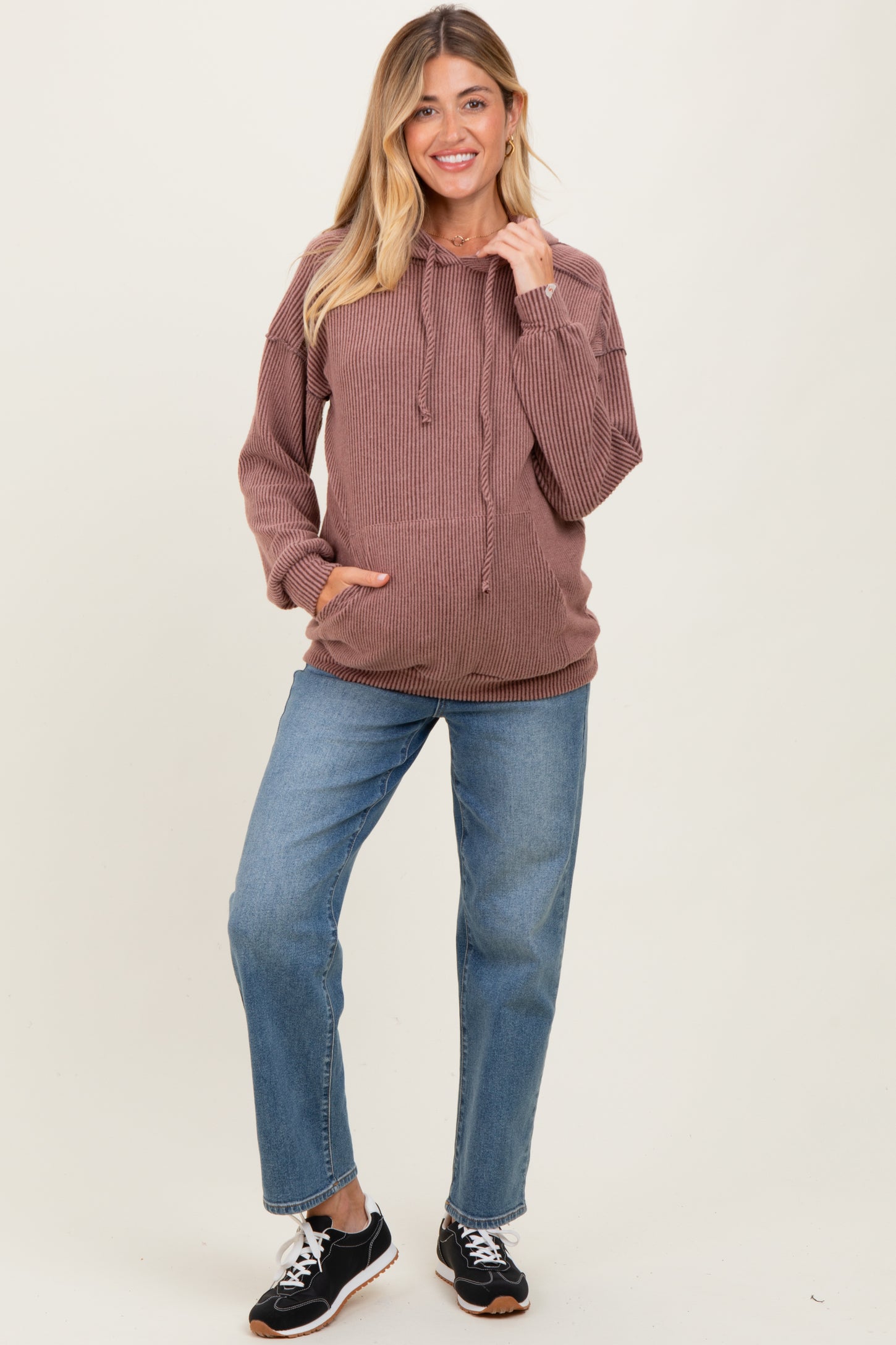 Brown Long Sleeve Brushed Urban Rib Maternity Hoodie Top