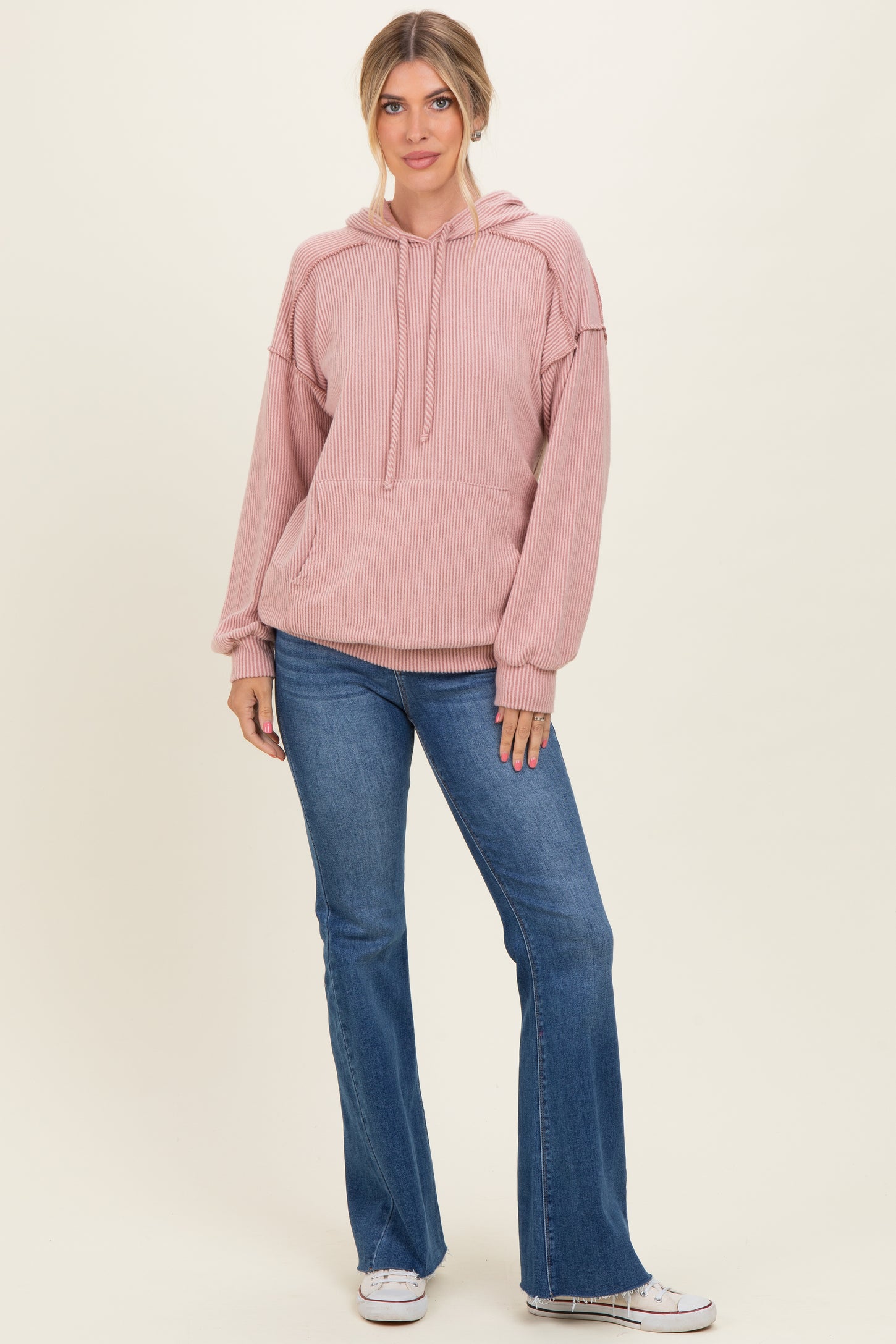 Pink Long Sleeve Brushed Urban Rib Hoodie Top