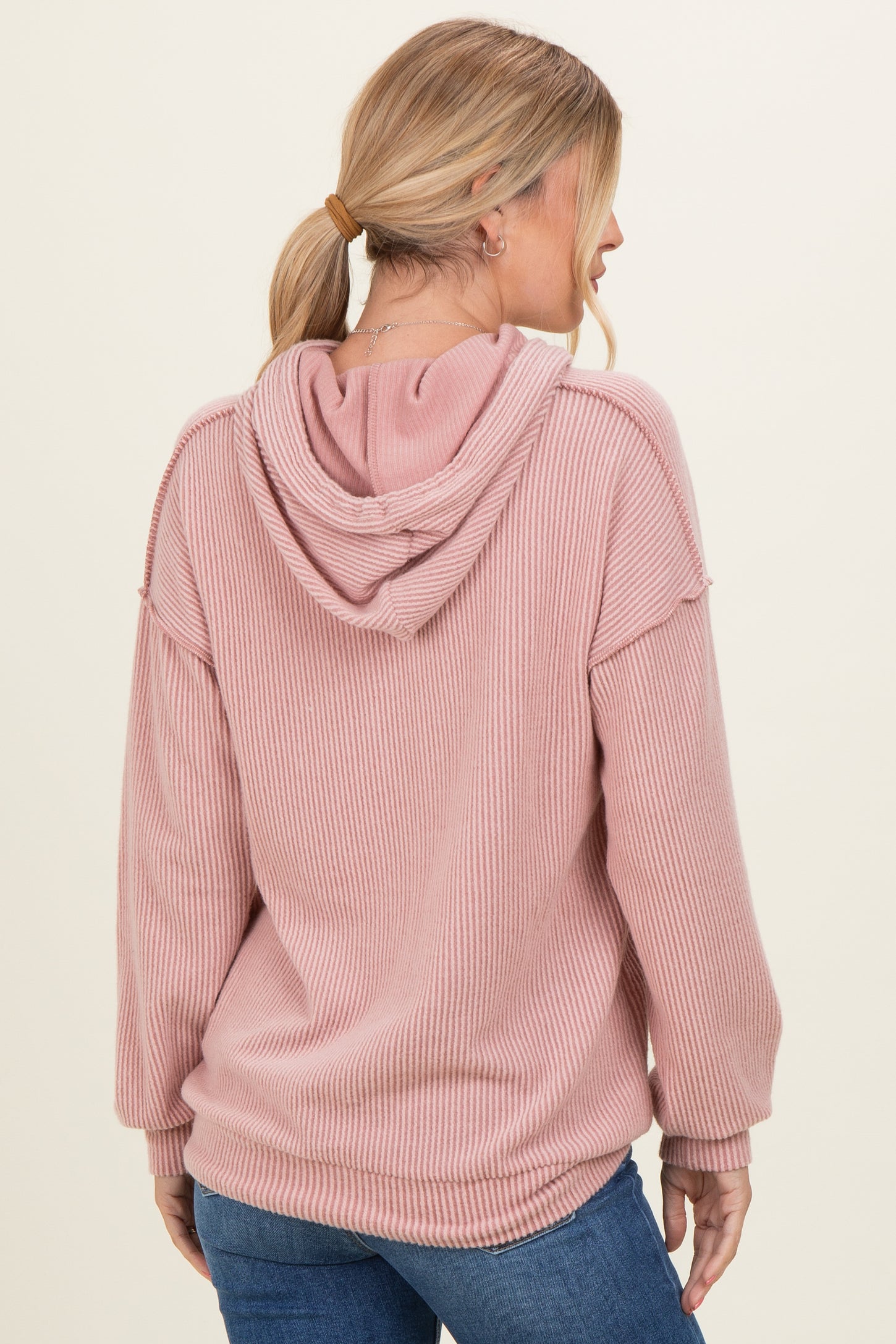 Pink Long Sleeve Brushed Urban Rib Hoodie Top