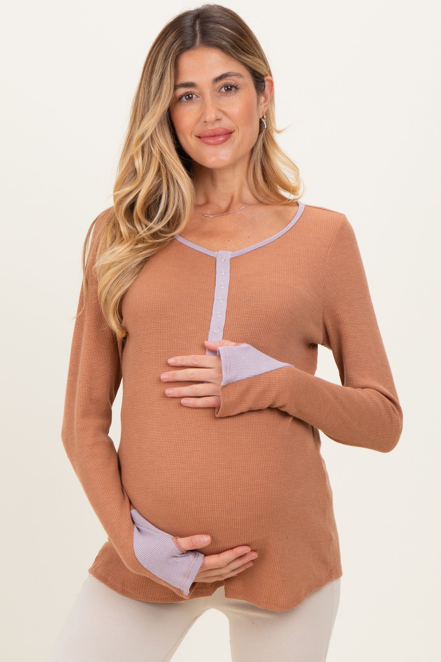 Camel Colorblock Snap Button Maternity Henley