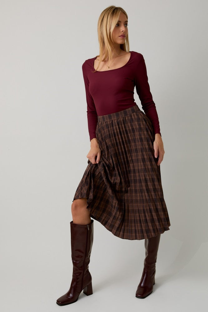 Brown Plaid Pleated Maternity Midi Skirt