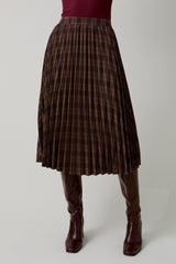 Brown Plaid Pleated Midi Skirt