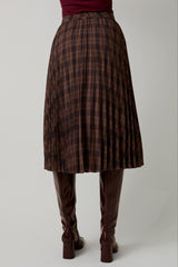 Brown Plaid Pleated Midi Skirt
