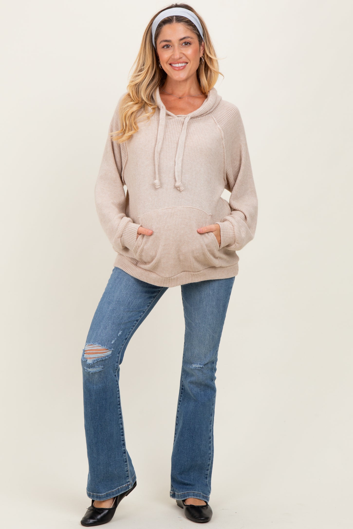 Beige Long Sleeve Solid Maternity Hoodie Top