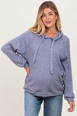 Denim Blue Long Sleeve Solid Maternity Hoodie Top