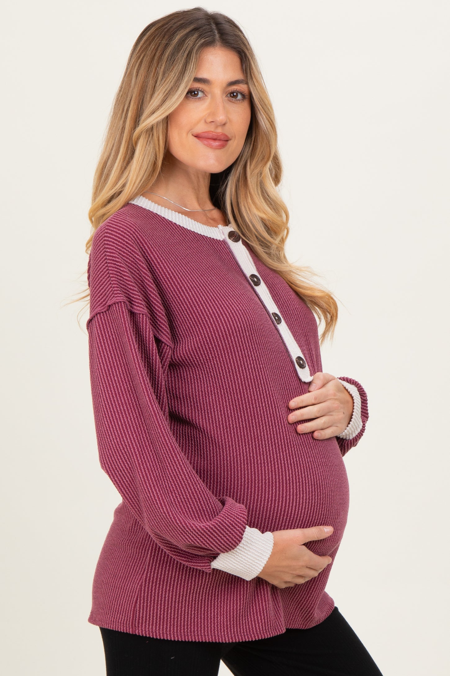Burgundy Long Sleeve Contrast Button Detail Rib Maternity Top