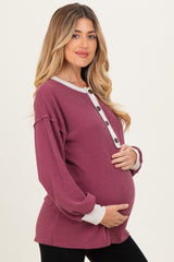 Burgundy Long Sleeve Contrast Button Detail Rib Maternity Top