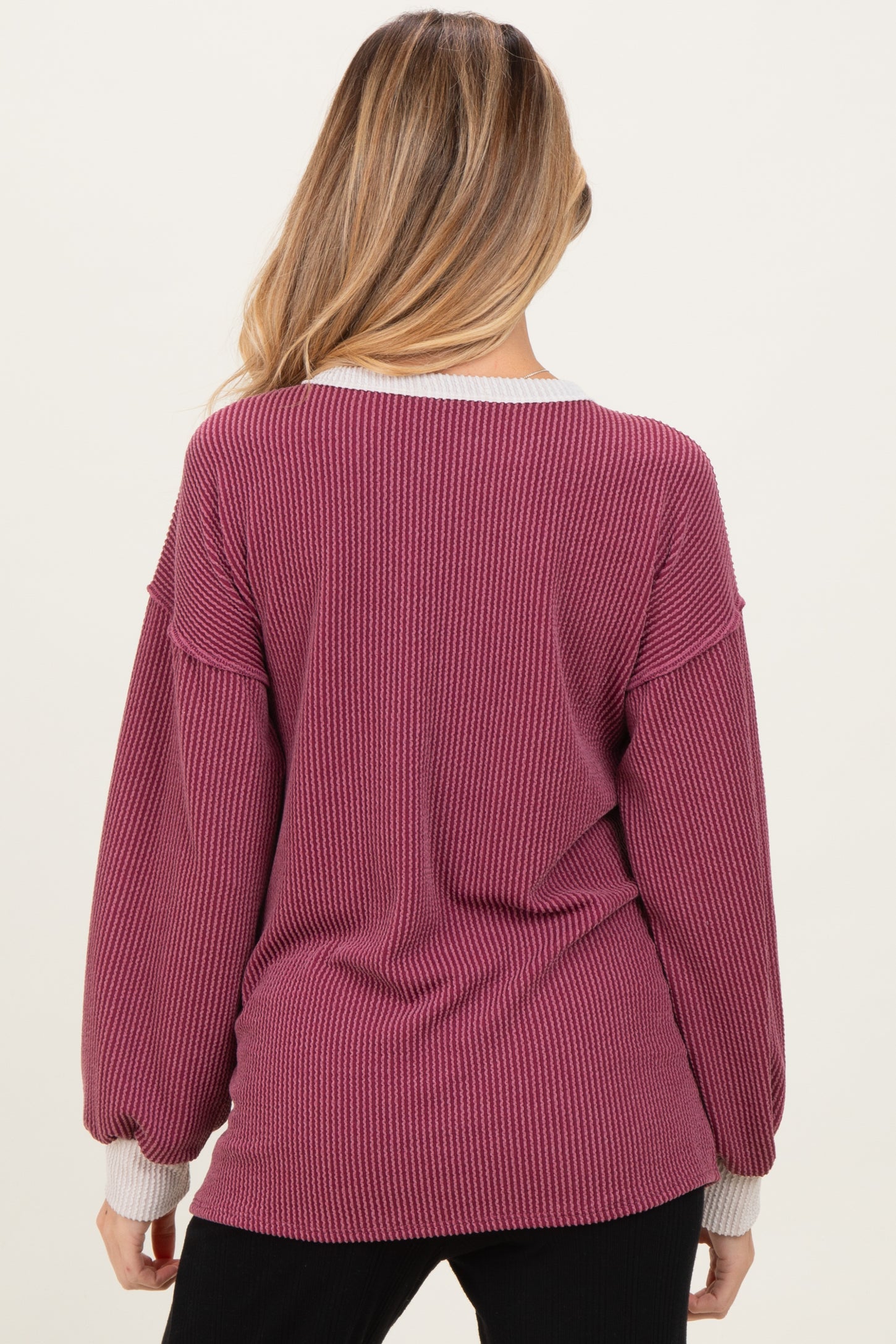 Burgundy Long Sleeve Contrast Button Detail Rib Maternity Top