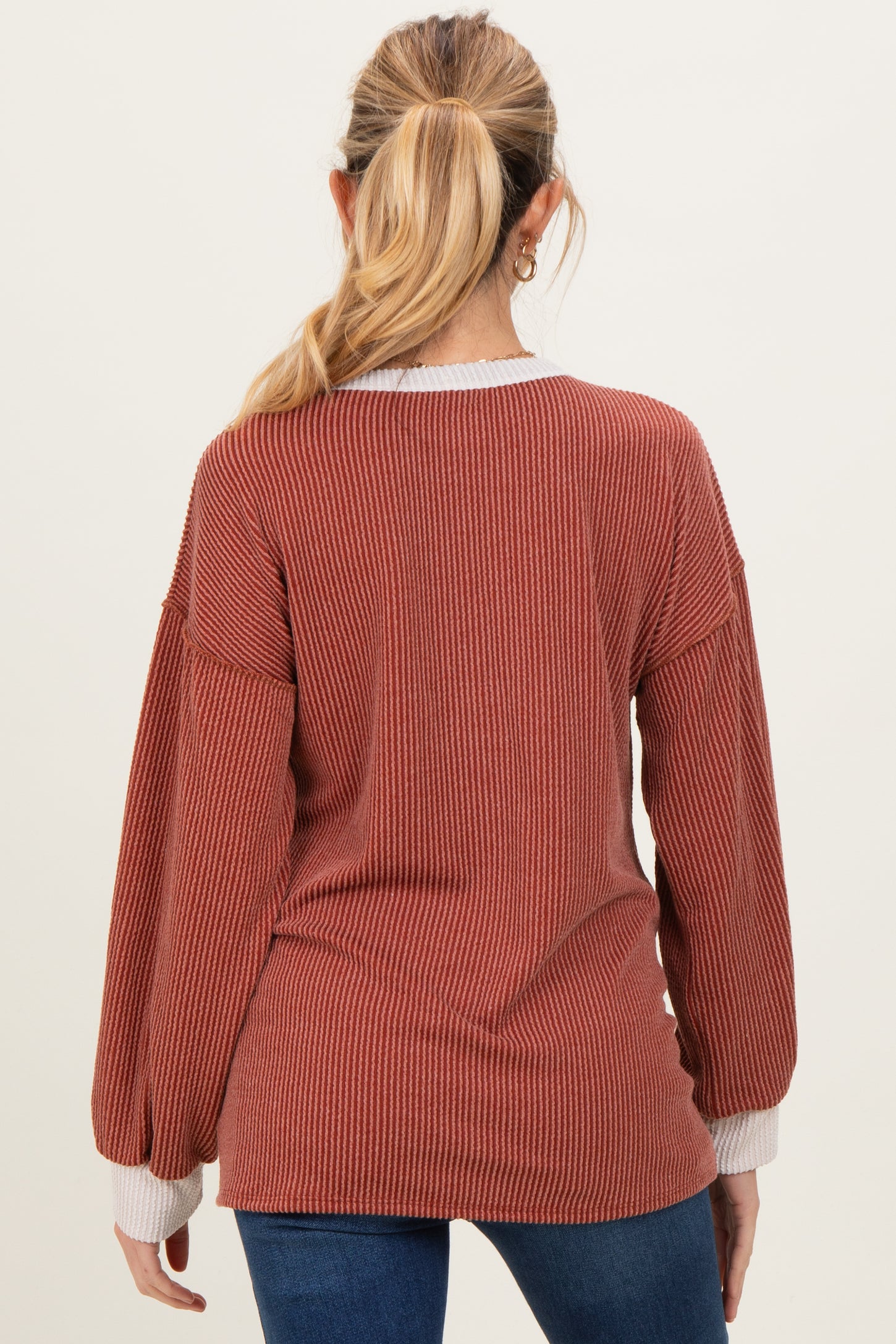 Rust Long Sleeve Contrast Button Detail Rib Maternity Top