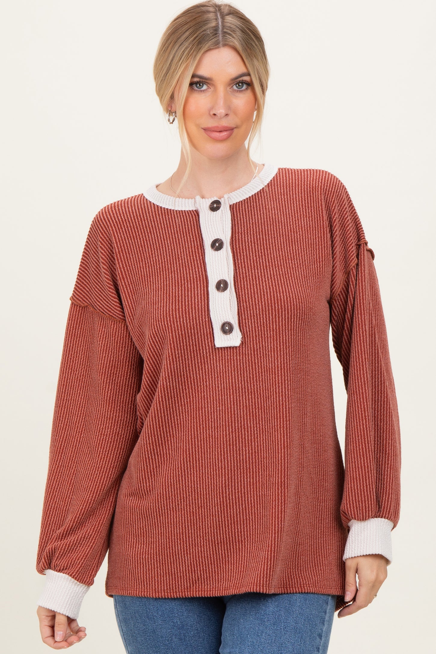 Rust Long Sleeve Contrast Button Detail Rib Top