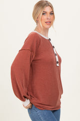 Rust Long Sleeve Contrast Button Detail Rib Top