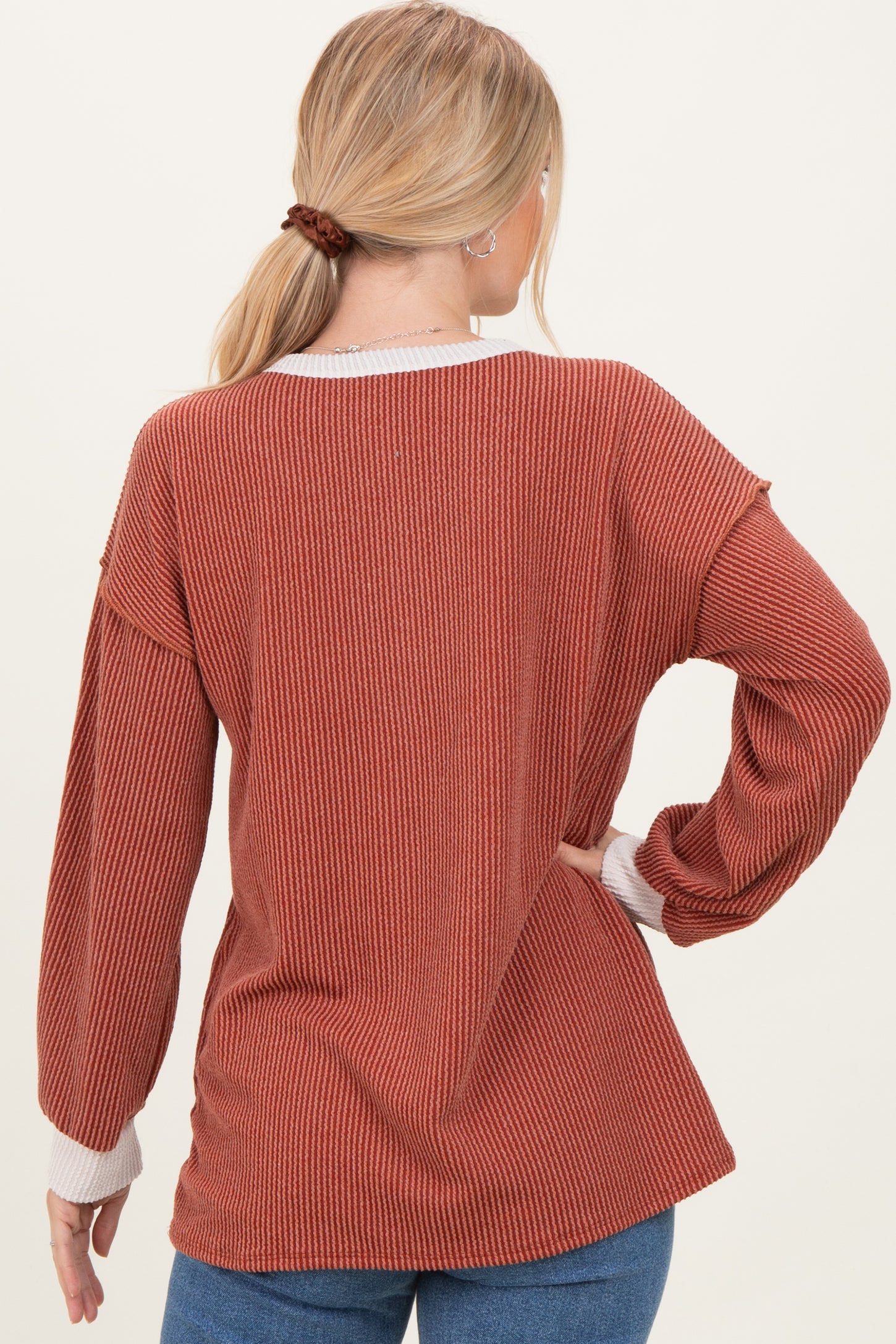 Rust Long Sleeve Contrast Button Detail Rib Top