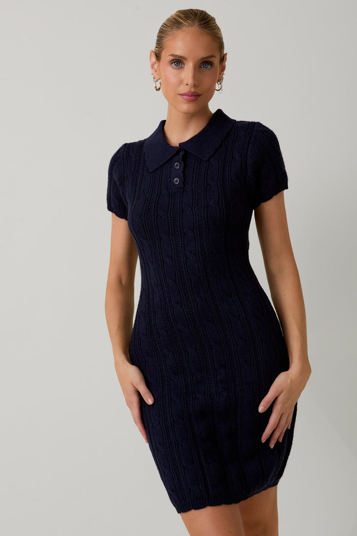Navy Cable Knit Maternity Polo Sweater Dress