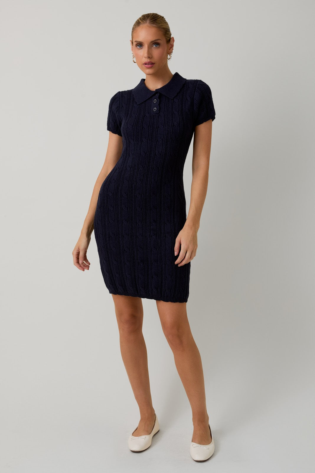 Navy Cable Knit Polo Sweater Dress