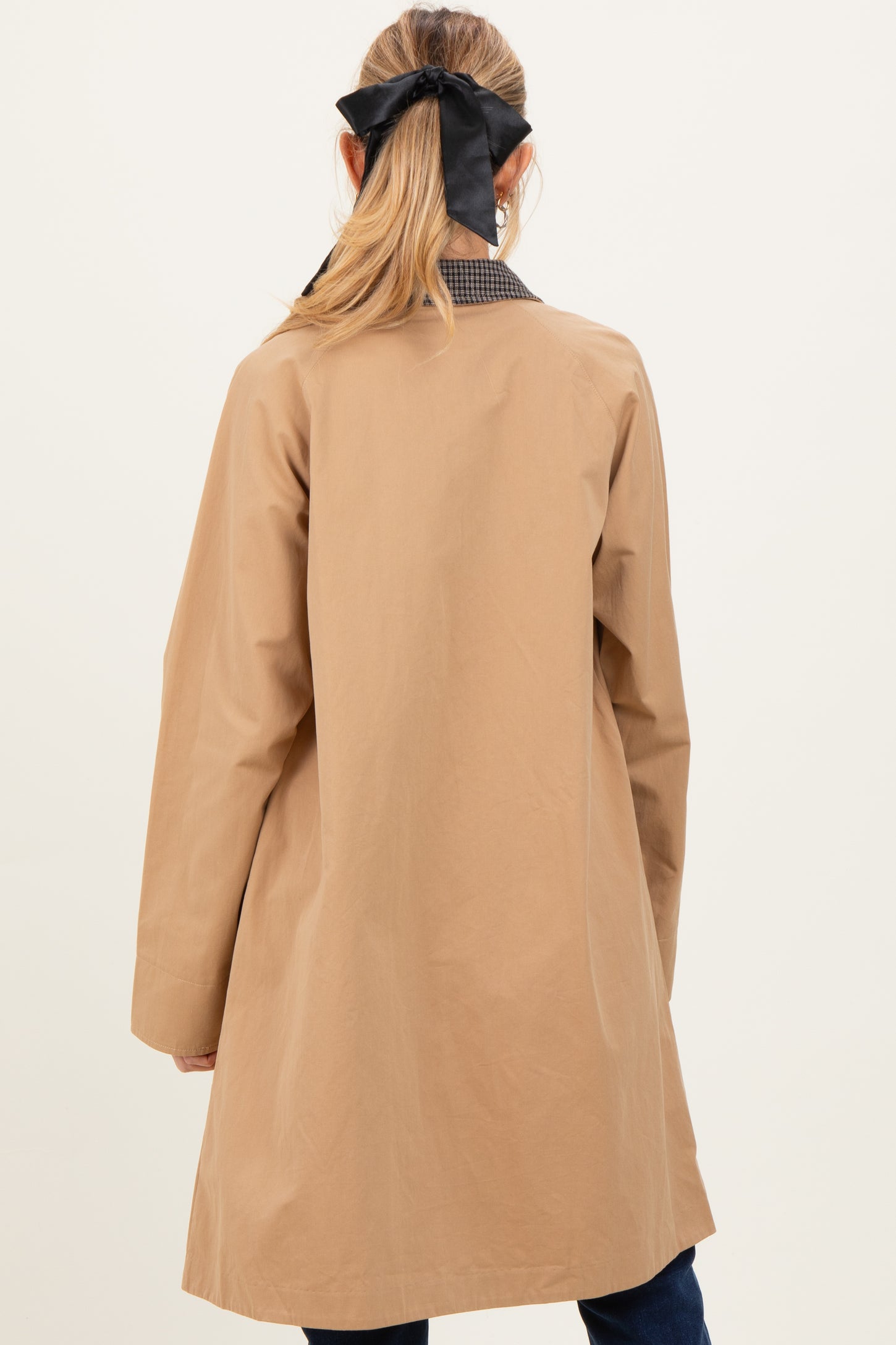 Camel Plaid Contrast A-Line Maternity Midi Trench Coat
