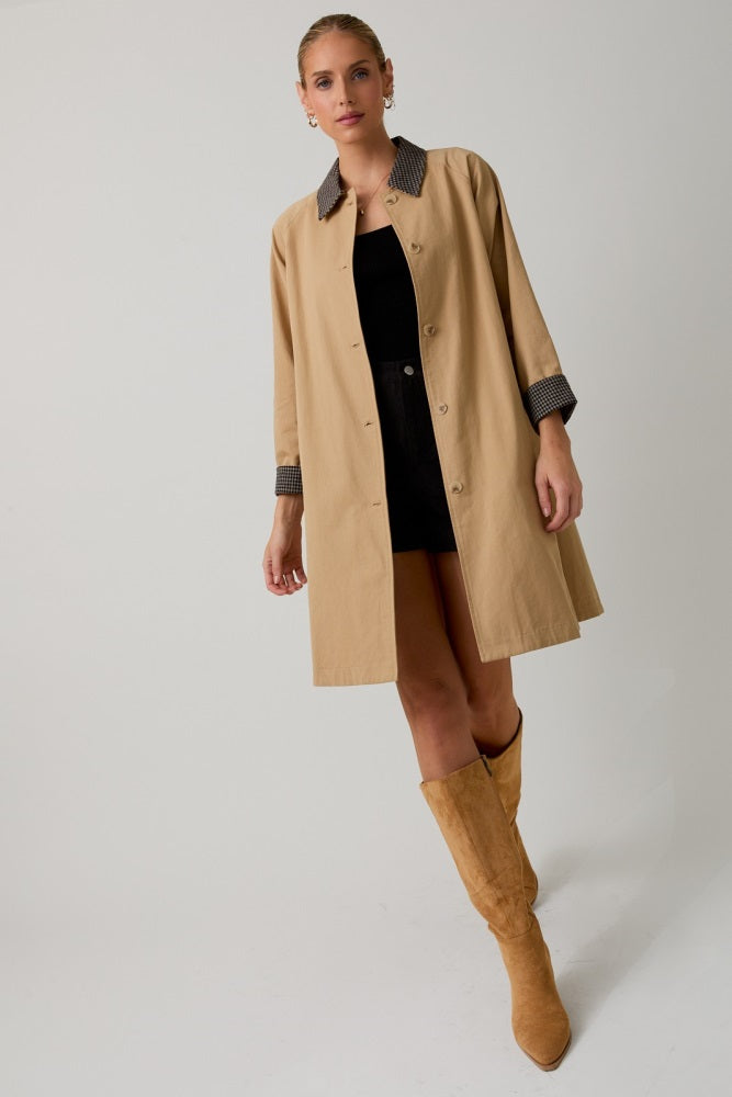 Camel Plaid Contrast A-Line Midi Trench Coat