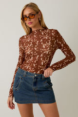 Brown Printed Mesh Mock Neck Long Sleeve