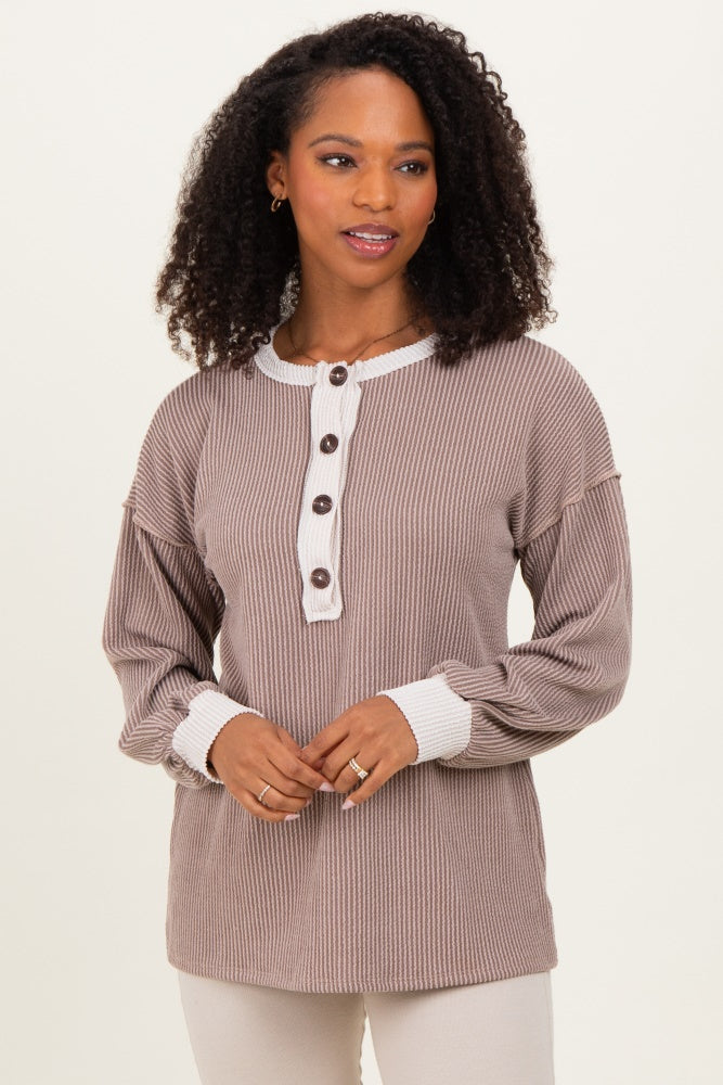 Mocha Long Sleeve Contrast Button Detail Rib Top