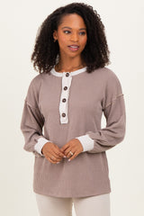 Mocha Long Sleeve Contrast Button Detail Rib Top