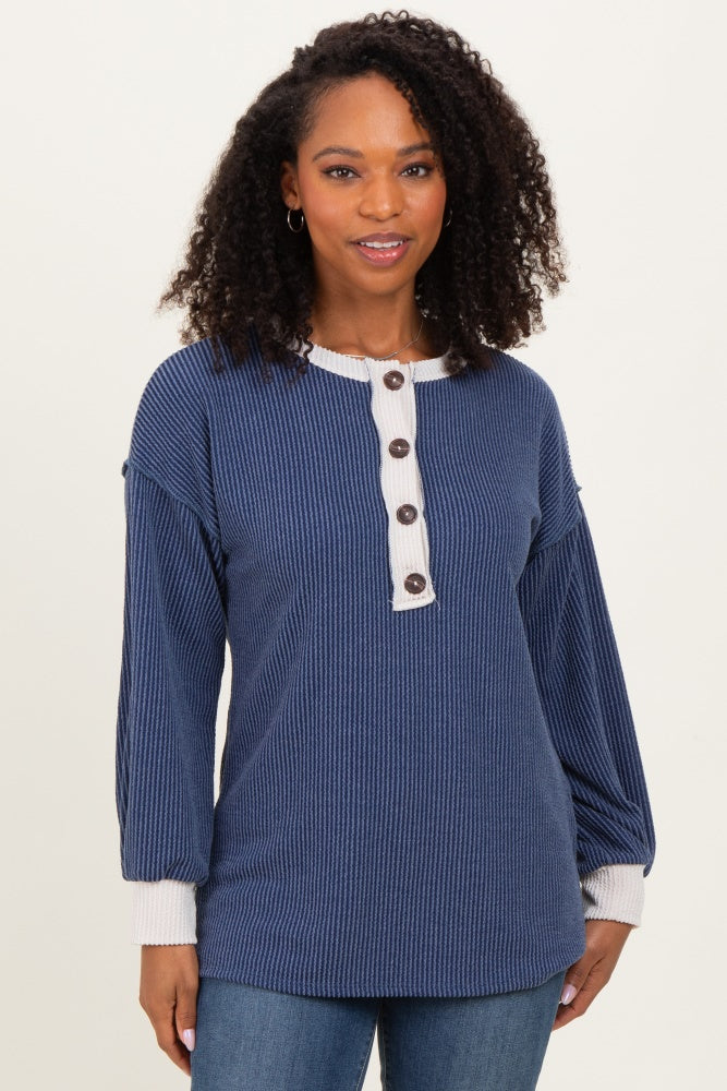 Navy Long Sleeve Contrast Button Detail Rib Top