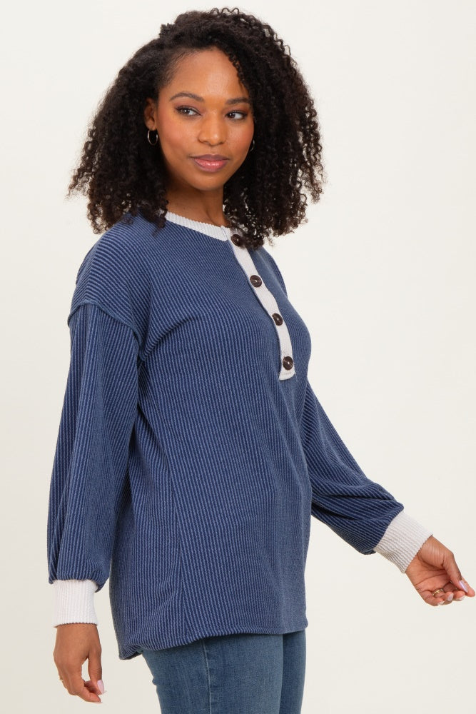 Navy Long Sleeve Contrast Button Detail Rib Top
