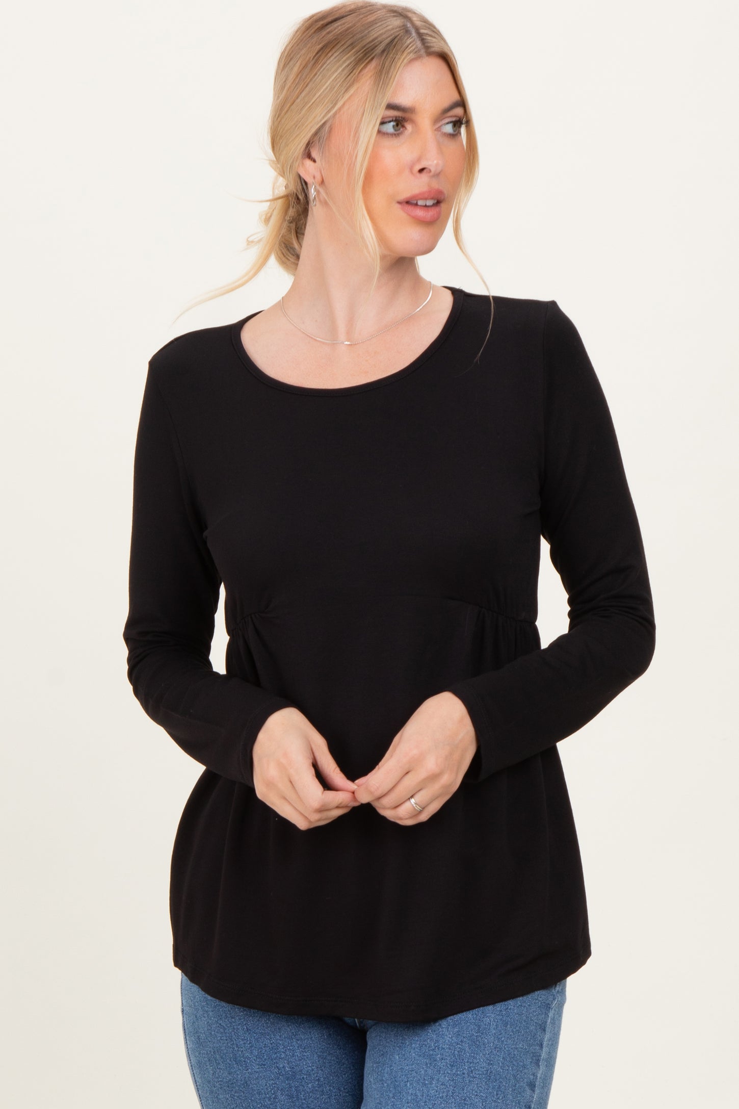 Black French Terry Long Sleeve Scoop Neck Top