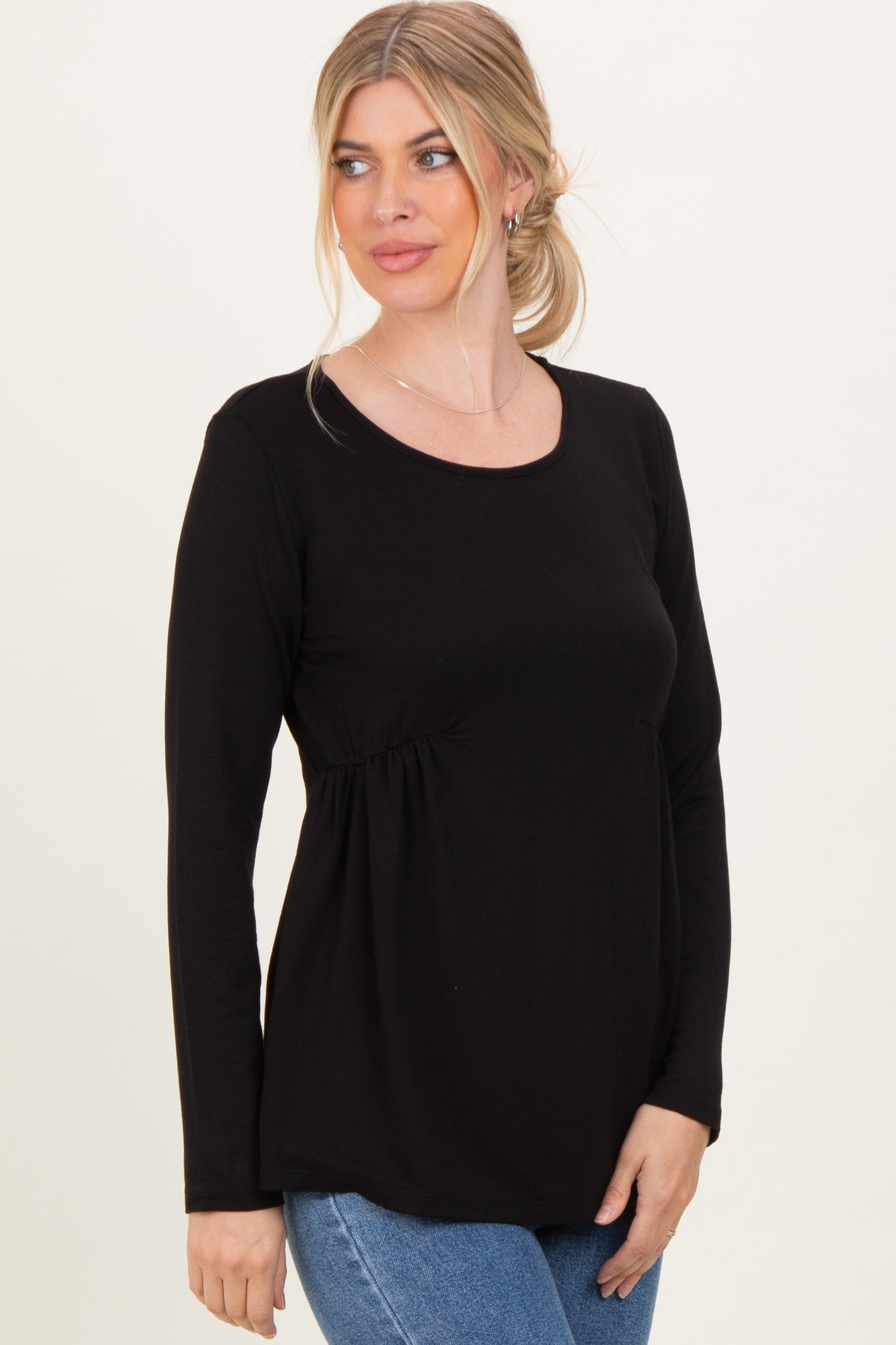 Black French Terry Long Sleeve Scoop Neck Top