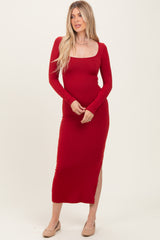 Red Long Sleeve Side Slit Maternity Maxi Dress