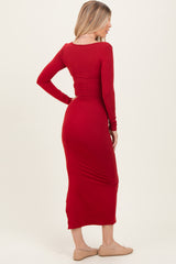 Red Long Sleeve Side Slit Maxi Dress
