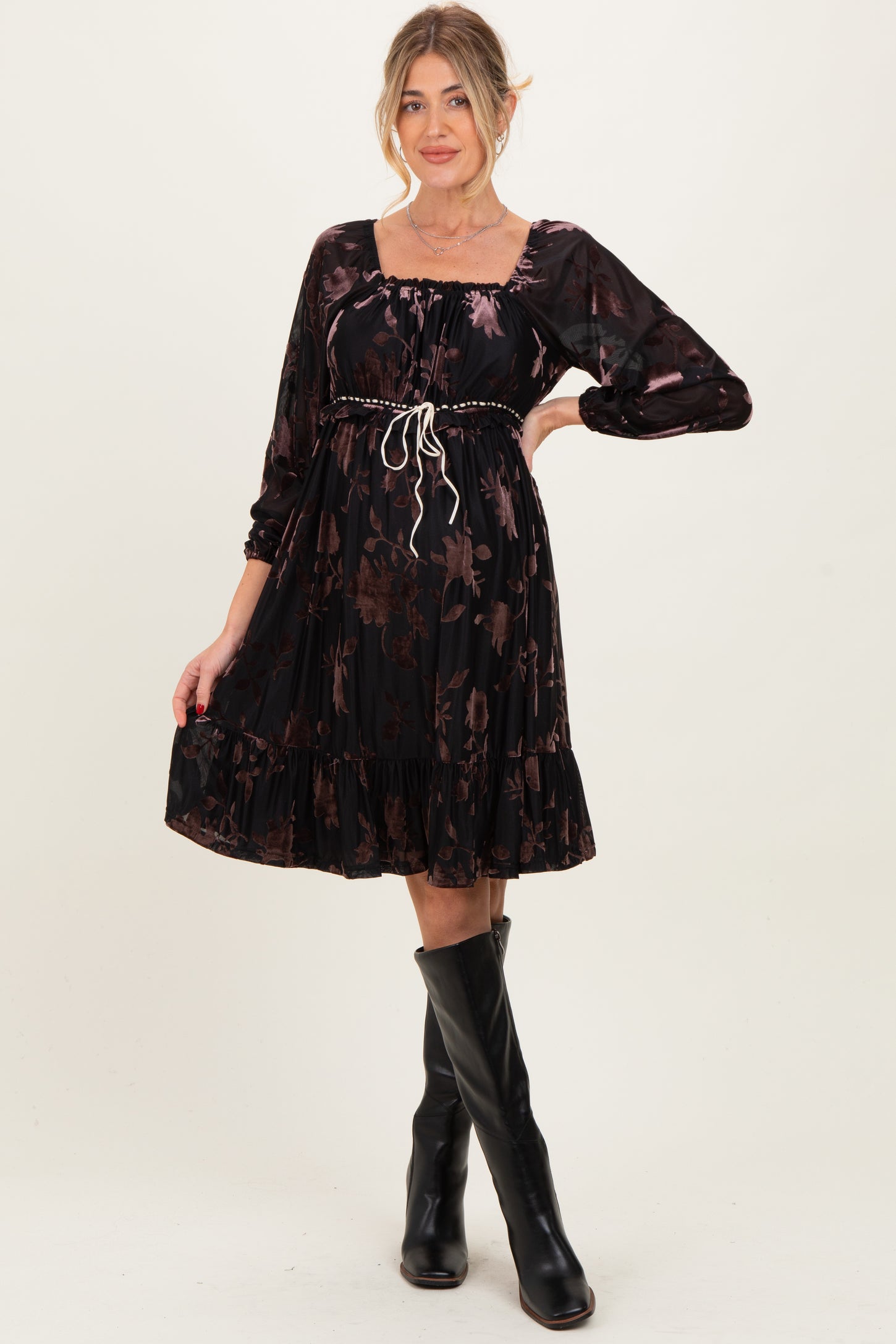 Black Floral Velvet Ruffle Accent Maternity Dress