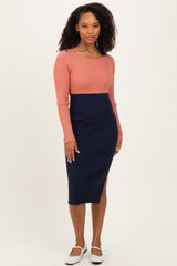 Pink Navy Knit Colorblock Long Sleeve Midi Dress