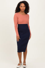 Pink Navy Knit Colorblock Long Sleeve Midi Dress