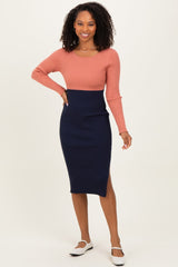Pink Navy Knit Colorblock Long Sleeve Midi Dress