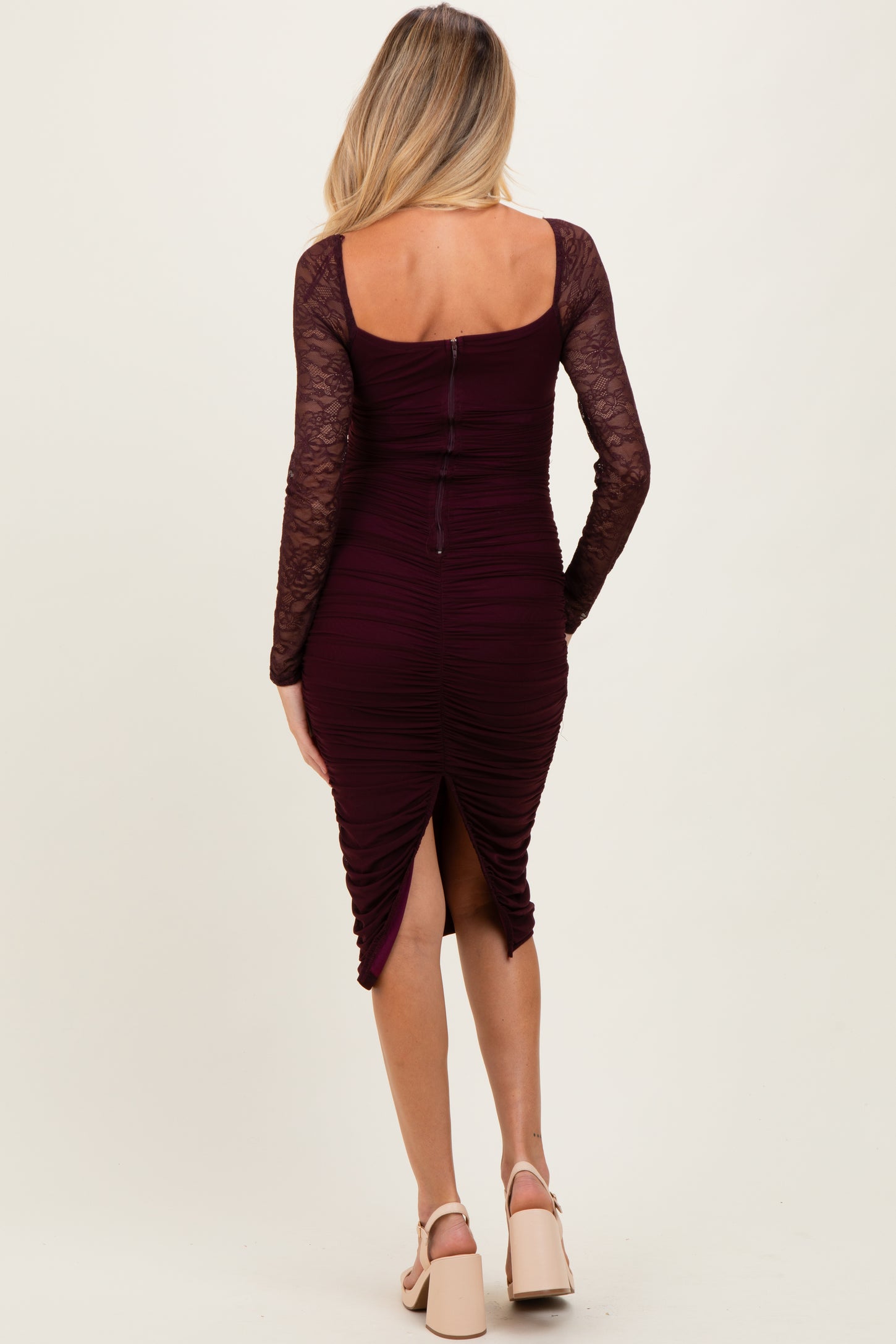 Burgundy Ruched Lace Sleeve Maternity Midi Dress