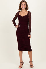 Burgundy Ruched Lace Sleeve Midi Dress