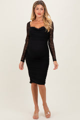 Black Ruched Lace Sleeve Maternity Midi Dress
