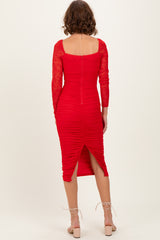 Red Ruched Lace Sleeve Midi Dress