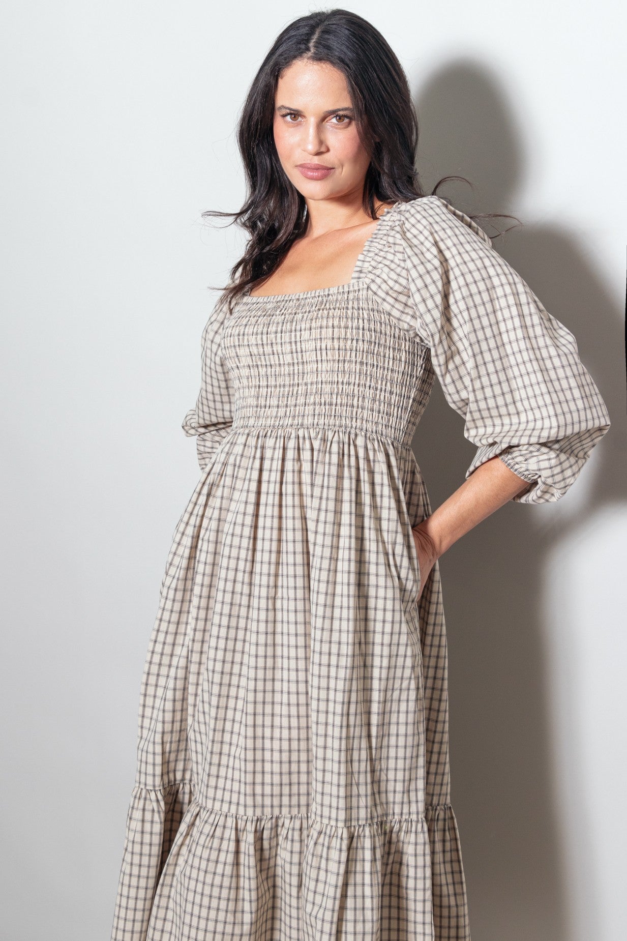 Beige Plaid Smocked Puff Sleeve Maternity Midi Dress