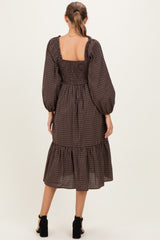 Brown Plaid Smocked Puff Sleeve Maternity Midi Dress