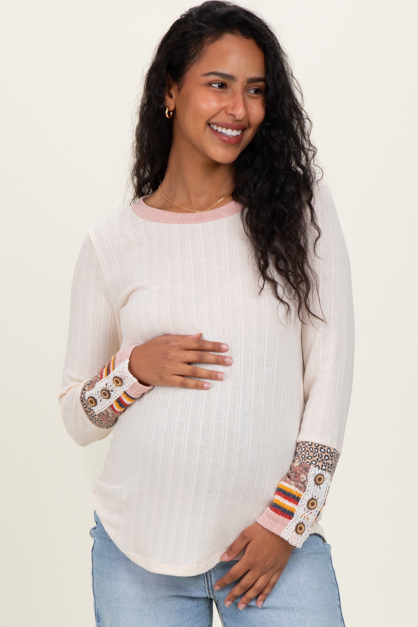 Cream Colorblock Print Detail Long Sleeve Maternity Top