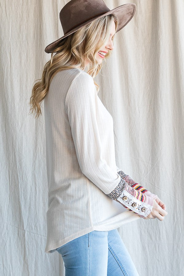 Cream Colorblock Print Detail Long Sleeve Top
