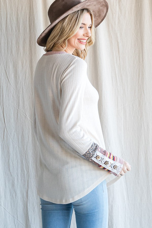 Cream Colorblock Print Detail Long Sleeve Top