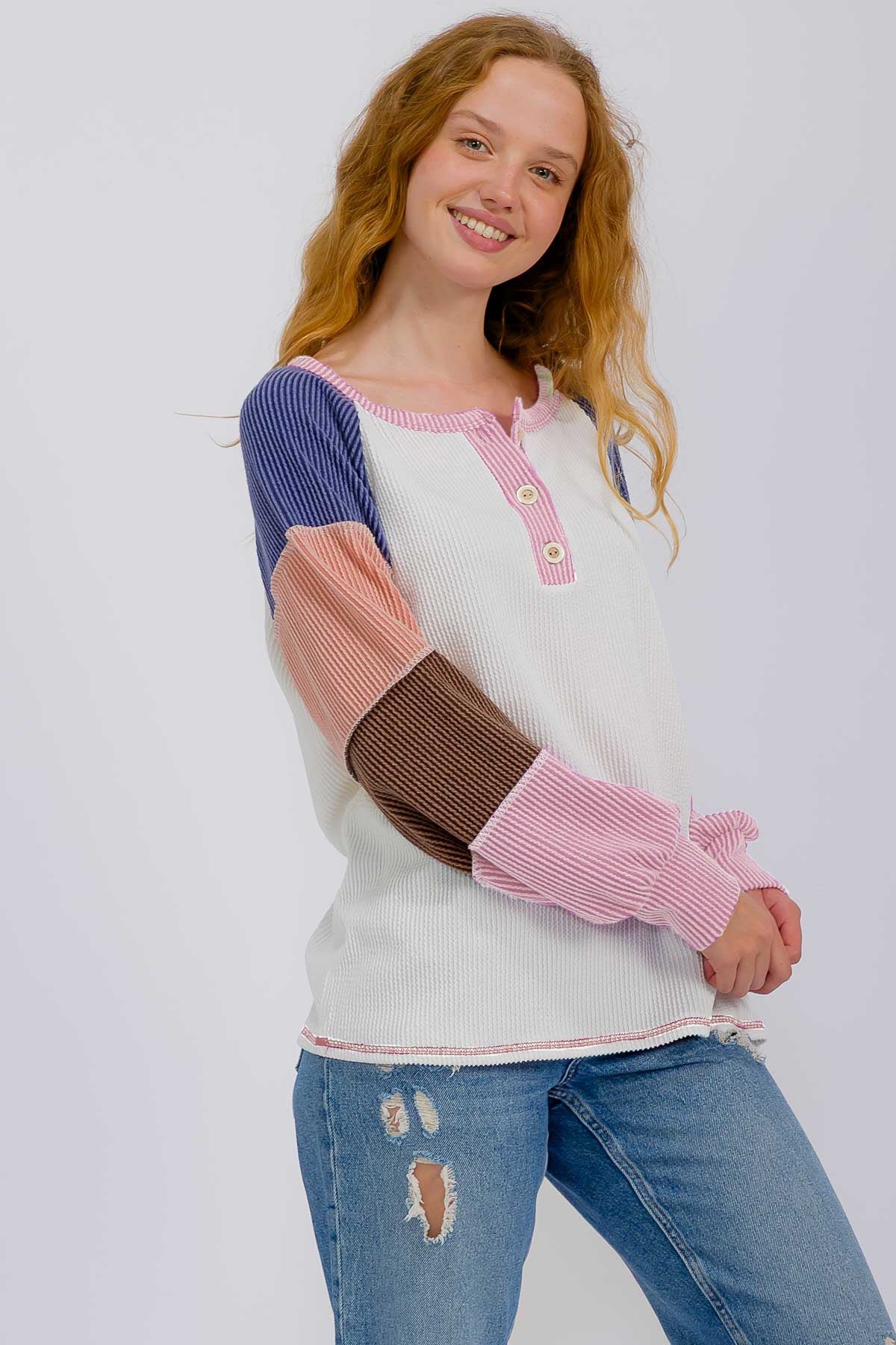 Pink Textured Rib Colorblock Raglan Long Sleeve