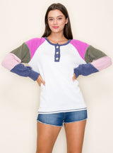 Navy Blue Multi Textured Rib Colorblock Raglan Maternity Long Sleeve