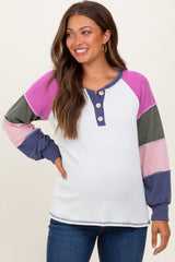 Navy Blue Multi Textured Rib Colorblock Raglan Maternity Long Sleeve